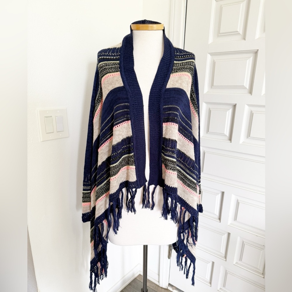 JODIFL Multicolor Striped Knit Shawl Blue Pink Fringe Size M/L